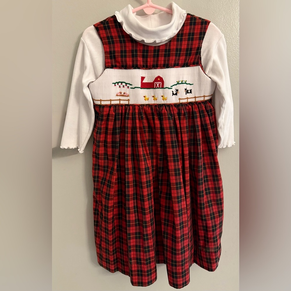 Wish Upon a Star Jumper Dress Set 3T Smocked Red Plaid Farm Animals Button Back